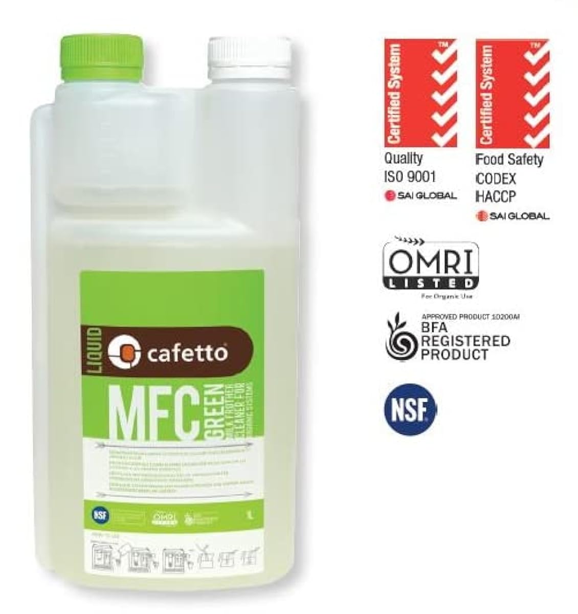 منظف رغوة الحليب العضوي من كافيتو - MFC أخضر - منظف حليب حمضي - تطهير، إزالة بقايا الحليب وترسبات ال